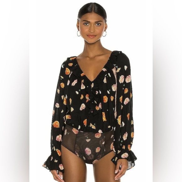 Free People Women’s Floral Ruffle Poppy Printed Bodysuit in Black Combo L - Picture 1 of 13